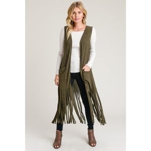 Long Fringe Vest Duster Front Pockets New Olive